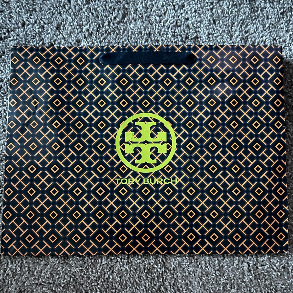 Tory Burch Large Logo Shopping Bag in navy and orange. Size 16 x 12 X 6.
